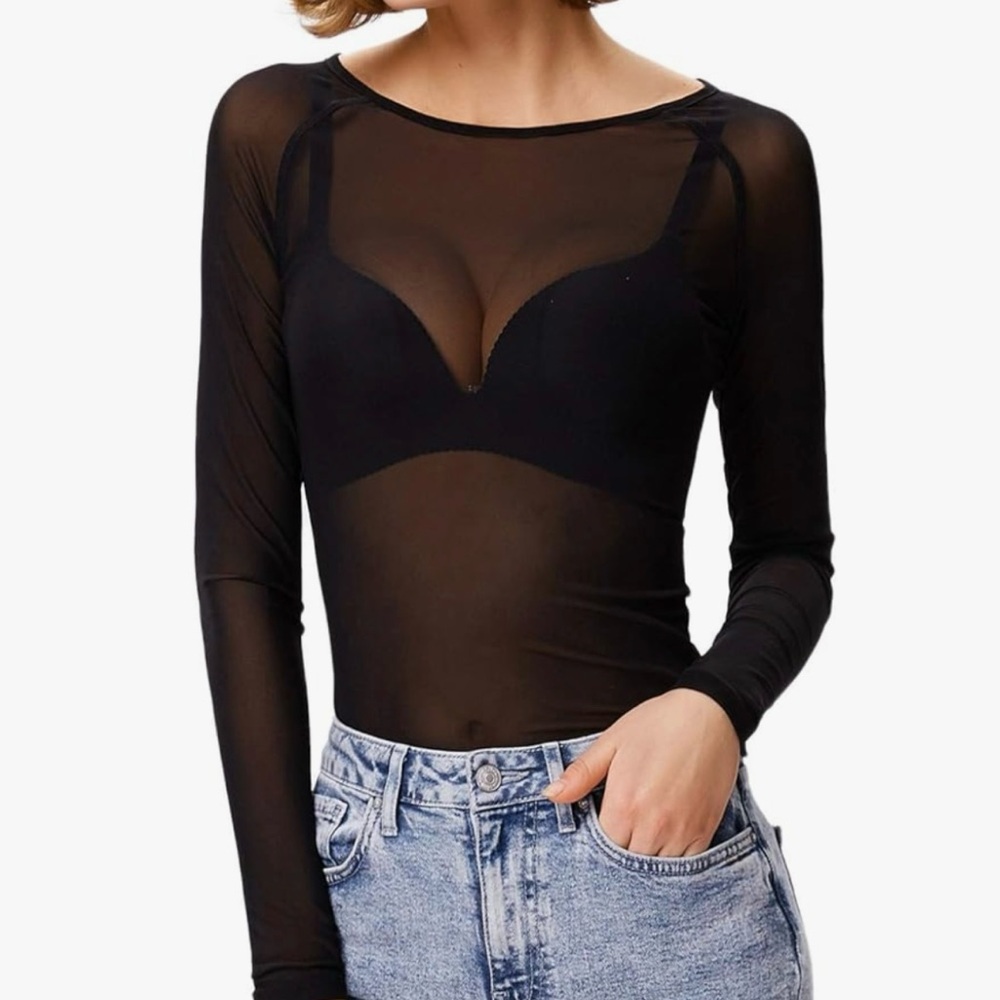 Grace Karin Black and Nude Fitted Sheer Long Sleeve Tops